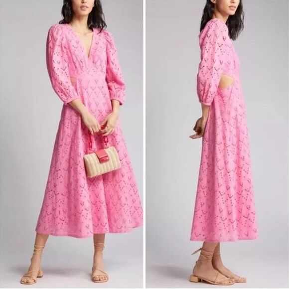 CHELSEA28 Eyelet Embroidered Cutout Bracelet Sleeve Midi Dress Pink SIZE M - Picture 2 of 11